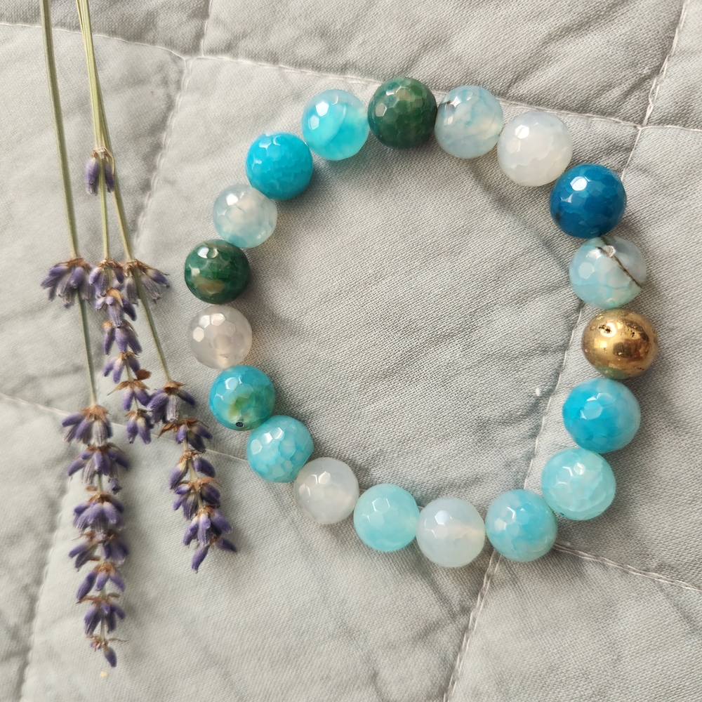 Elegant Blue Agate and Hematite Beaded Bracelet, Stone Bracelet